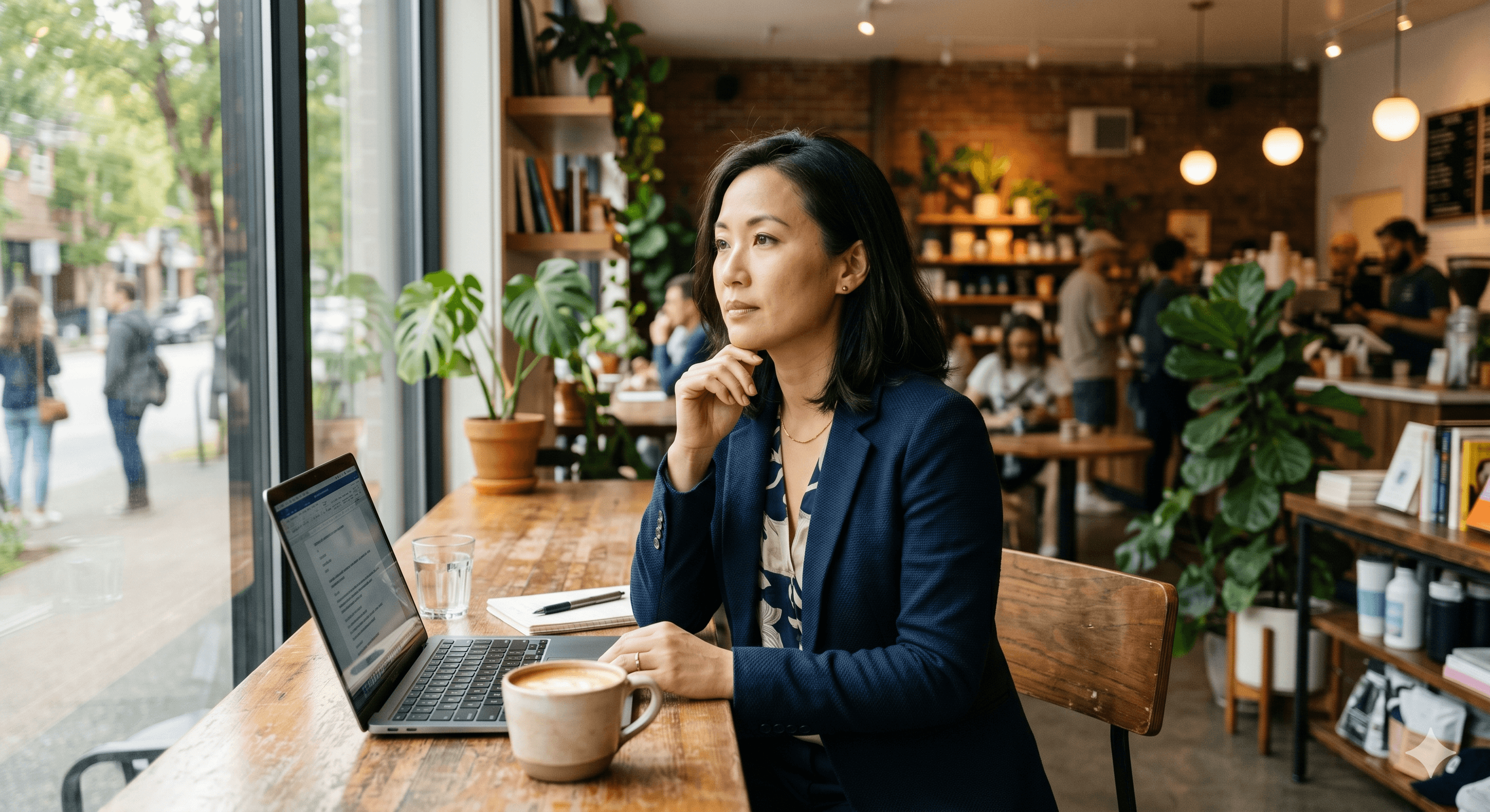 NUMI learner reflecting in a warm cafe workspace